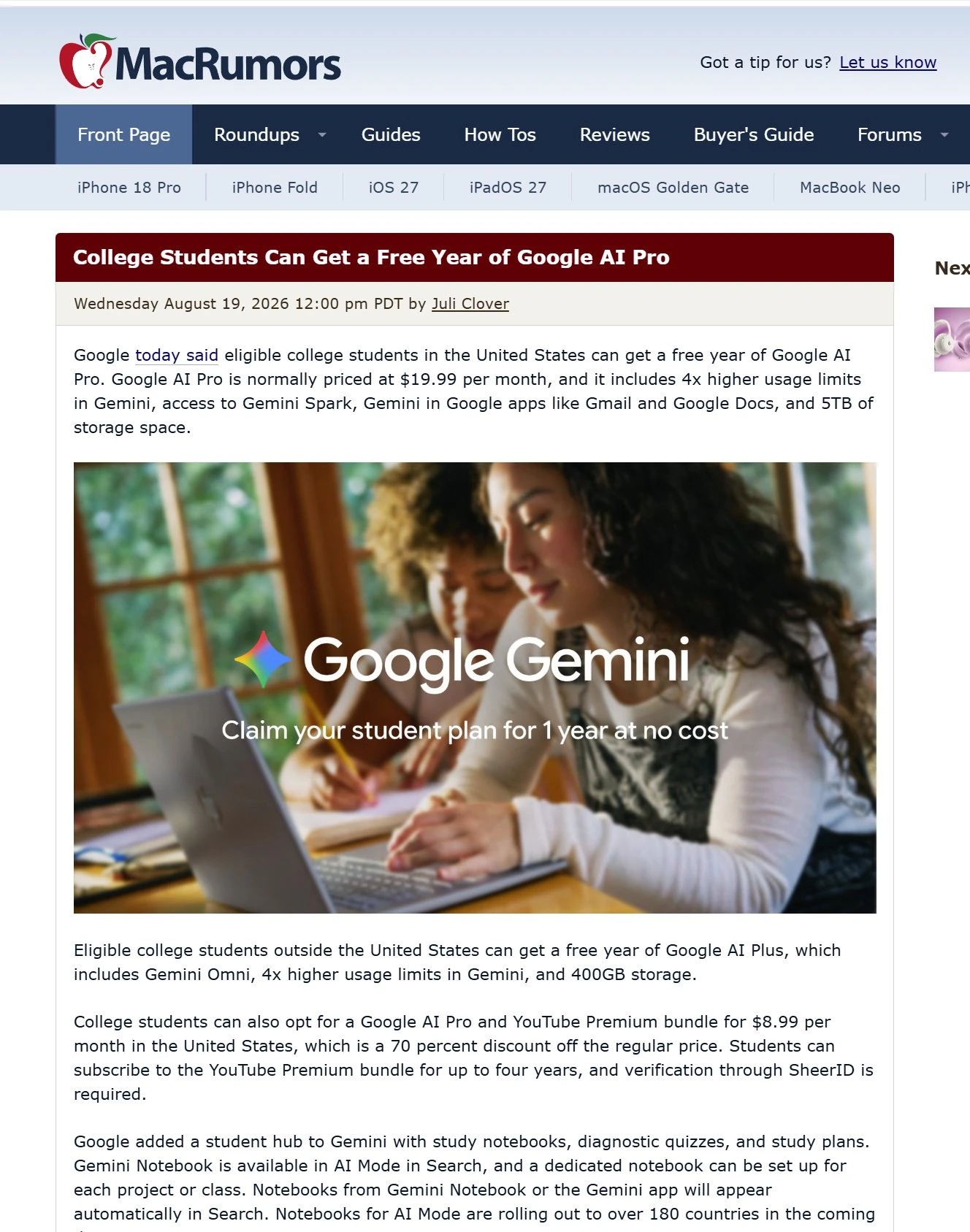 Google 面向美国大学生免费送一年 AI 订阅，非美国市场也可领 AI Plus